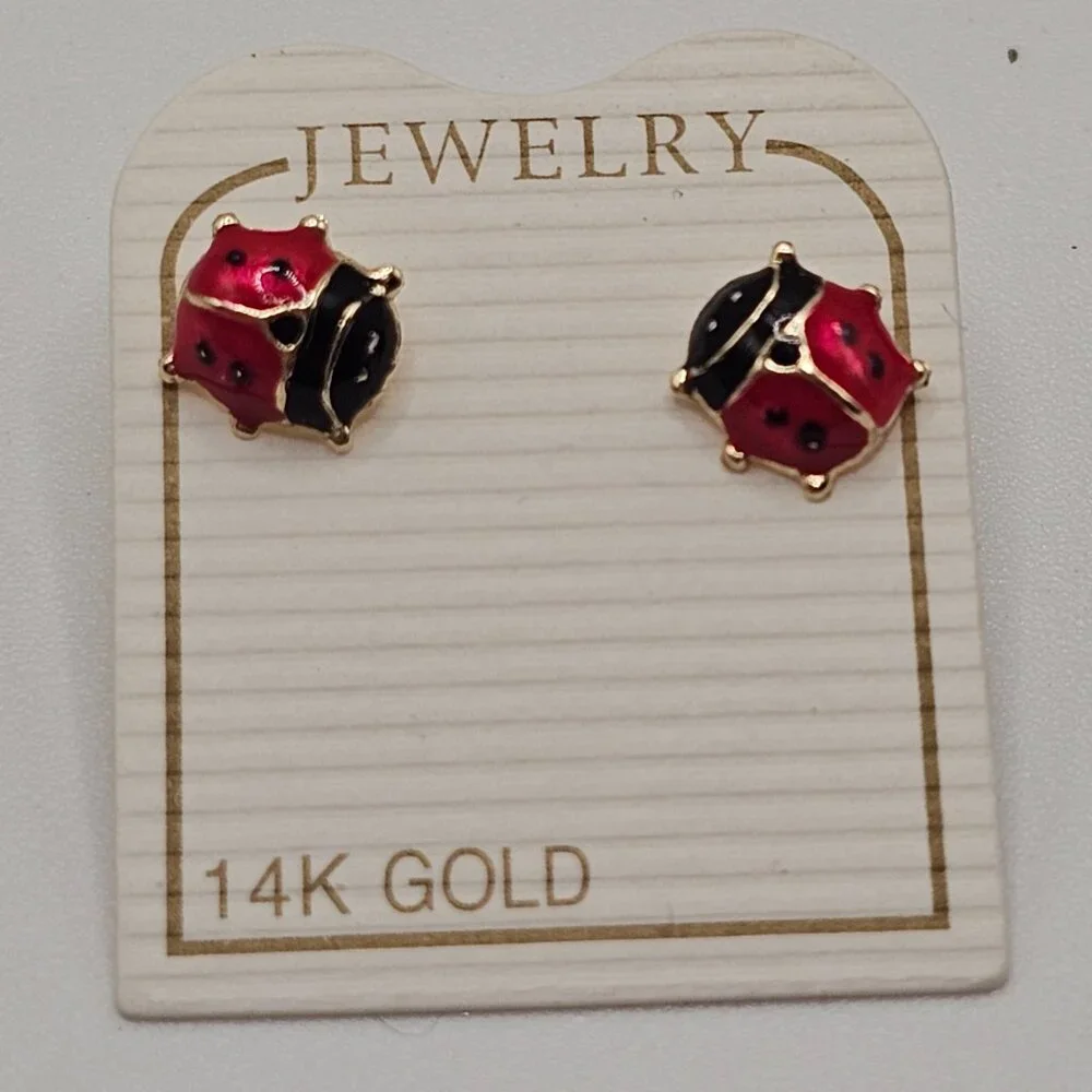 14KT Gold Ladybug Enamel Stud Screw Back Earrings 8mm